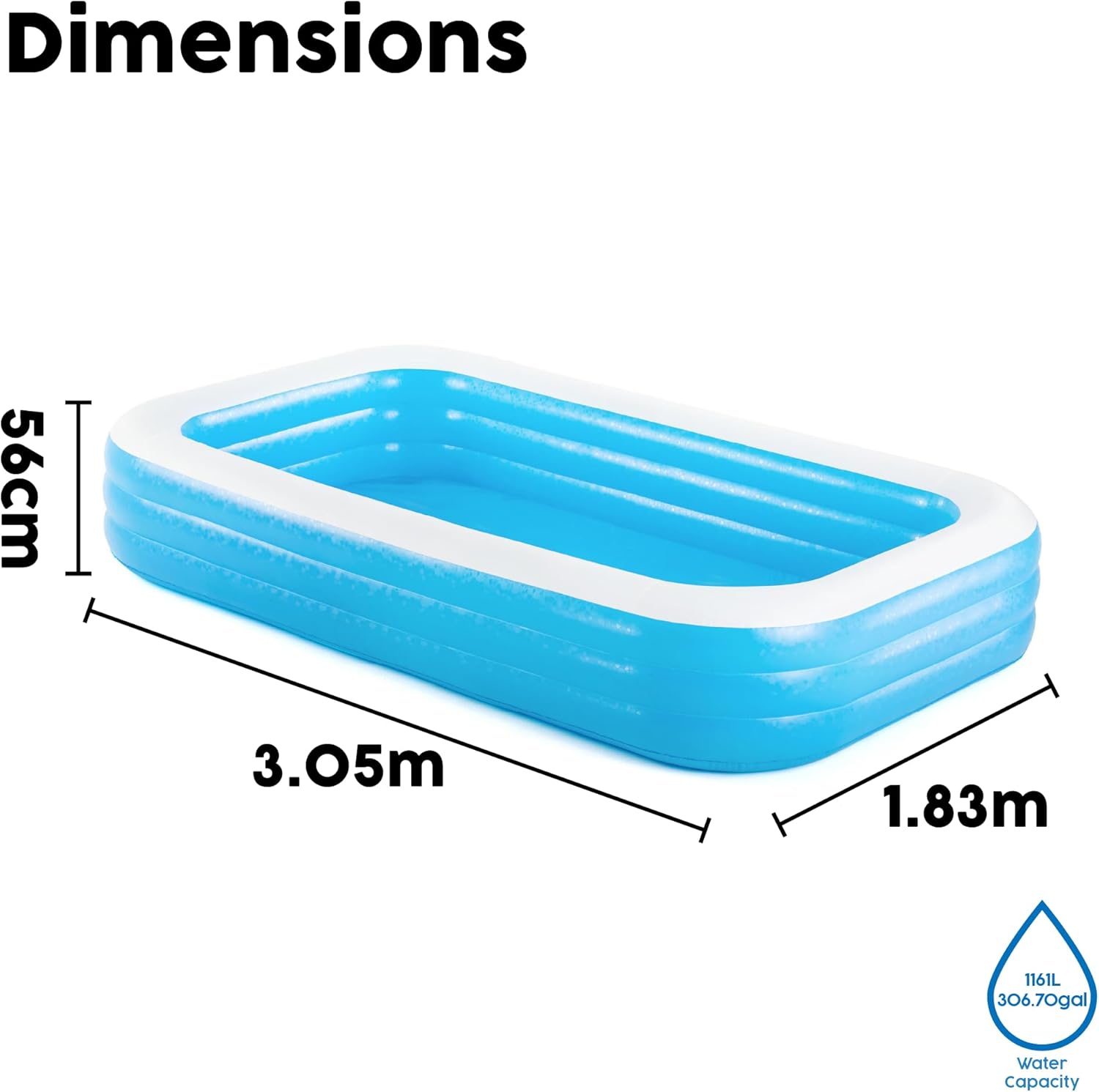 Bestway inflatable rectangular paddling pool with family inside

Top-down view of Bestway blue inflatable pool

Inflatable pool on grass with children playing

Side angle of Bestway pool showing two air chambers

Dimensions of Bestway family pool

Family enjoying inflatable pool in the backyard

Rectangular Bestway paddling pool setup outdoors