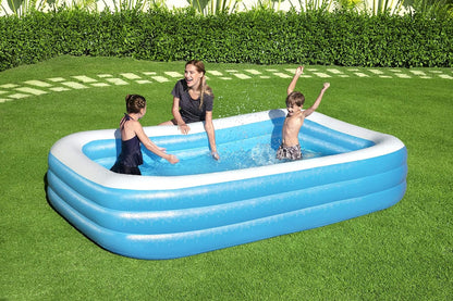 Bestway inflatable rectangular paddling pool with family inside

Top-down view of Bestway blue inflatable pool

Inflatable pool on grass with children playing

Side angle of Bestway pool showing two air chambers

Dimensions of Bestway family pool

Family enjoying inflatable pool in the backyard

Rectangular Bestway paddling pool setup outdoors