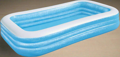 Bestway inflatable rectangular paddling pool with family inside

Top-down view of Bestway blue inflatable pool

Inflatable pool on grass with children playing

Side angle of Bestway pool showing two air chambers

Dimensions of Bestway family pool

Family enjoying inflatable pool in the backyard

Rectangular Bestway paddling pool setup outdoors