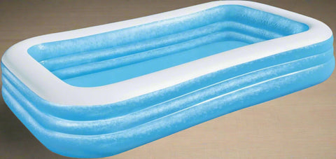 Bestway inflatable rectangular paddling pool with family inside

Top-down view of Bestway blue inflatable pool

Inflatable pool on grass with children playing

Side angle of Bestway pool showing two air chambers

Dimensions of Bestway family pool

Family enjoying inflatable pool in the backyard

Rectangular Bestway paddling pool setup outdoors