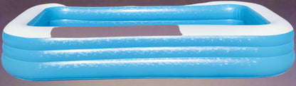 Bestway inflatable rectangular paddling pool with family inside

Top-down view of Bestway blue inflatable pool

Inflatable pool on grass with children playing

Side angle of Bestway pool showing two air chambers

Dimensions of Bestway family pool

Family enjoying inflatable pool in the backyard

Rectangular Bestway paddling pool setup outdoors