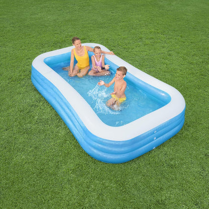 Bestway inflatable rectangular paddling pool with family inside

Top-down view of Bestway blue inflatable pool

Inflatable pool on grass with children playing

Side angle of Bestway pool showing two air chambers

Dimensions of Bestway family pool

Family enjoying inflatable pool in the backyard

Rectangular Bestway paddling pool setup outdoors