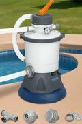 Bestway Flowclear sand filter pump for above-ground pools – front view
Pool pump with strainer basket and clamp system – Model 58516
Above-ground pool filter pump system in use with pool setup