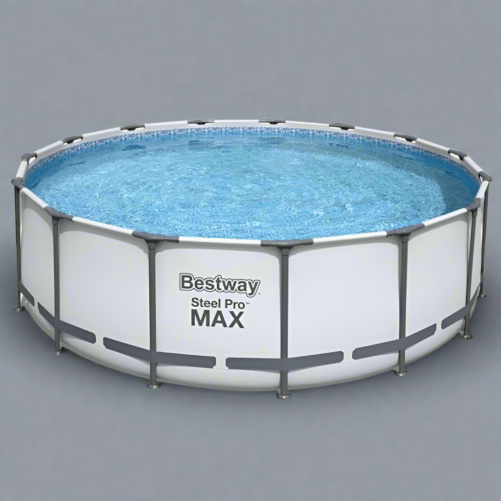 Bestway Steel Pro MAX 18ft round above ground pool – filled

18' x 48" Bestway pool with white liner and steel frame

Overhead view of Bestway Pro MAX pool in backyard

Close-up of steel frame and mosaic liner pattern