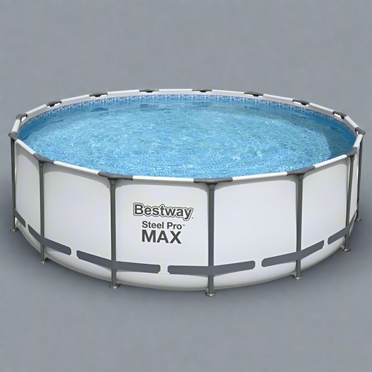 Bestway Steel Pro MAX 18ft round above ground pool – filled

18' x 48" Bestway pool with white liner and steel frame

Overhead view of Bestway Pro MAX pool in backyard

Close-up of steel frame and mosaic liner pattern