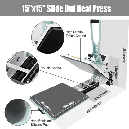 BetterSub Heat Press 15x15 inch Digital Heat Press Machine, Slide out Industrial Quality T-Shirt Heat Transfer Machine Teal - with | Sold by Uncle Wiener's Wholesale