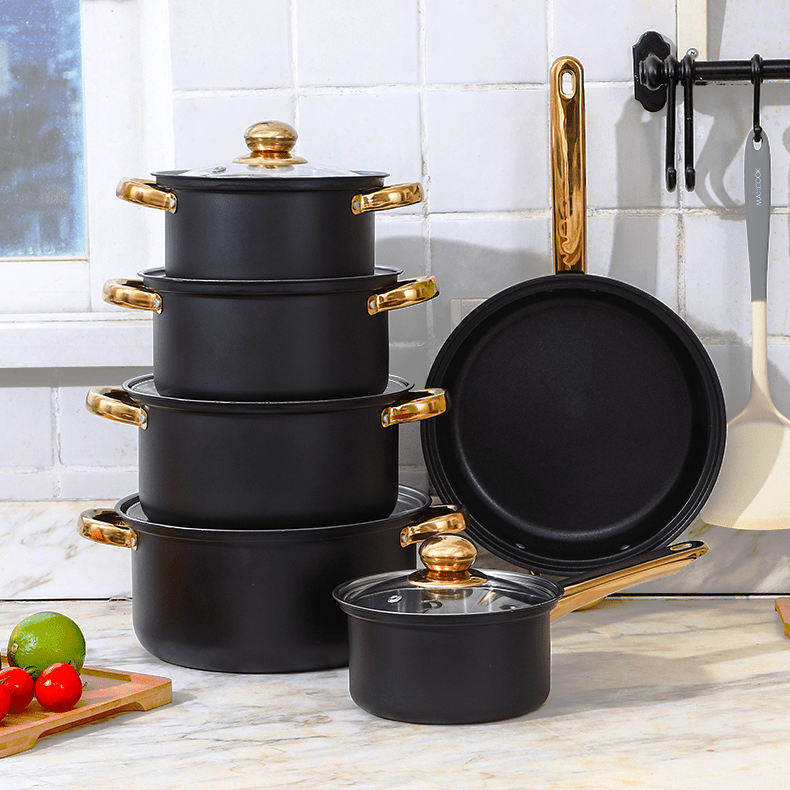Black 12-Piece Stainless Steel Cookware Set Non-Stick Pots & Pans with Glass Lids TKDQ16 - with | Sold by Uncle Wiener's Wholesale
