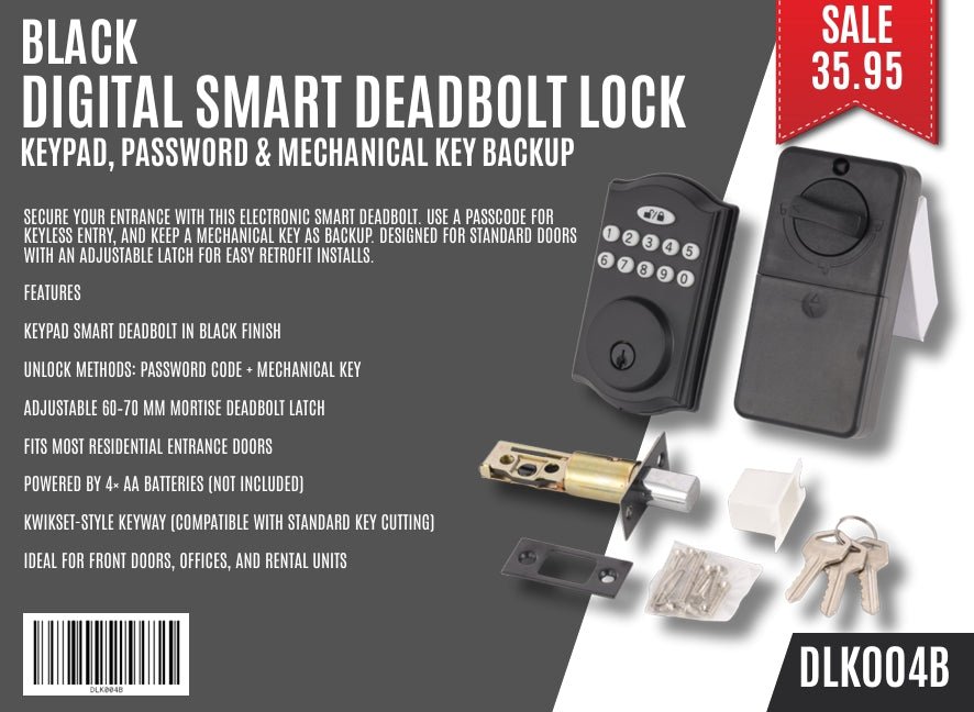 Black Digital Smart Deadbolt Lock – Keypad, Password & Mechanical Key Backup – DLK004B - with | Sold by Uncle Wiener's Wholesale