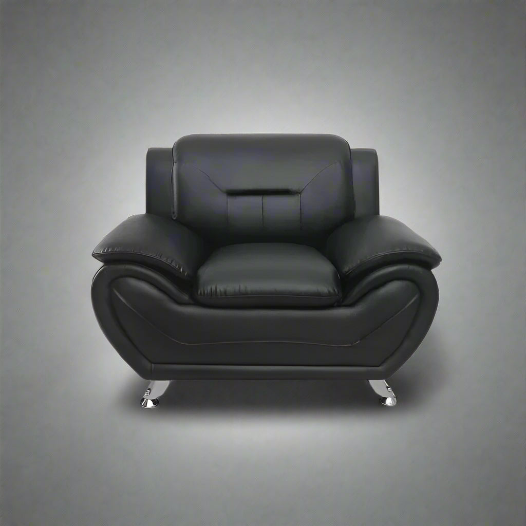 3PCS Modern Faux Leather Sofa Set – Red & Black Sofa, Loveseat, and Armchair with Chrome Legs for Contemporary Living Room