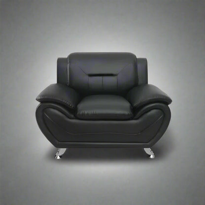 3PCS Modern Faux Leather Sofa Set – Red & Black Sofa, Loveseat, and Armchair with Chrome Legs for Contemporary Living Room