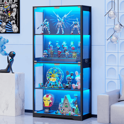 Black Glass Display Cabinet with LED Lights & Motion Sensor – 4 - Tier Curio Cabinet for Collectibles and Storage BC037 - with | Sold by Uncle Wiener's Wholesale