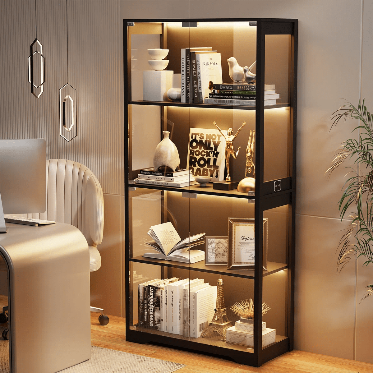 Black Glass Display Cabinet with LED Lights & Motion Sensor – 4 - Tier Curio Cabinet for Collectibles and Storage BC037 - with | Sold by Uncle Wiener's Wholesale