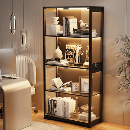 Black Glass Display Cabinet with LED Lights & Motion Sensor – 4 - Tier Curio Cabinet for Collectibles and Storage BC037 - with | Sold by Uncle Wiener's Wholesale
