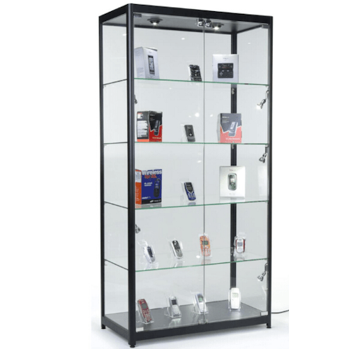 Black Glass Display Cabinet with Locking Door, 3 Glass Shelves & LED Lighting – 20" W x 20" D x 79" H TNW072 - with | Sold by Uncle Wiener's Wholesale