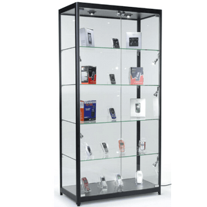 Black Glass Display Cabinet with Locking Door, 3 Glass Shelves & LED Lighting – 20" W x 20" D x 79" H TNW072