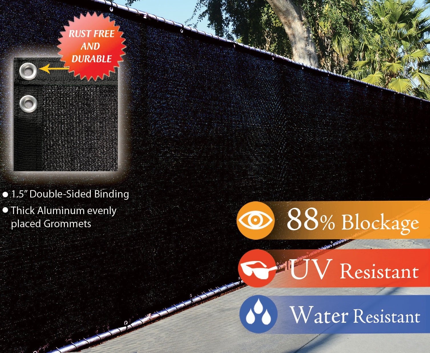 Outdoor setup of black privacy fence screen for backyard protection