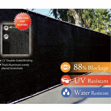 Outdoor setup of black privacy fence screen for backyard protection