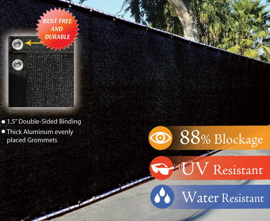 Outdoor setup of black privacy fence screen for backyard protection