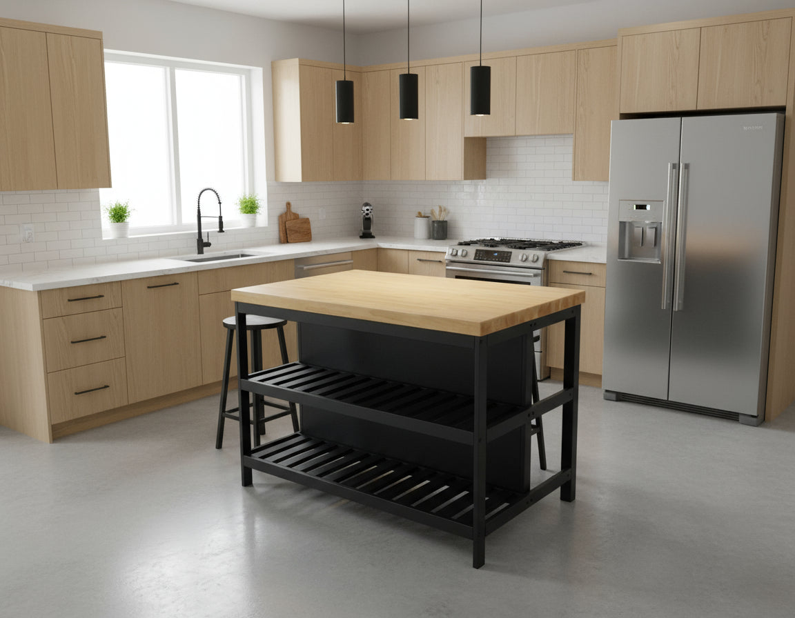 Black Solid Wood Kitchen Island – Free - Standing Prep Station with Storage & Rustic Top – KI4931 - with | Sold by Uncle Wiener's Wholesale