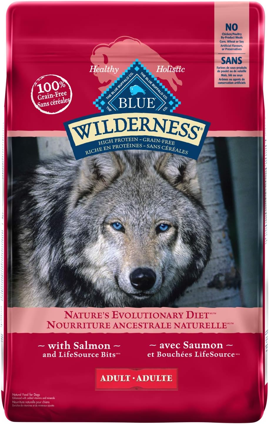 Blue Buffalo Wilderness Salmon Dog Food Bag – 10.8 Kg front view
Grain-free high protein salmon dog food for adult dogs
Back label nutrition facts – Blue Wilderness dry kibble
Ingredients and feeding guide of Blue Buffalo dog food
Complete 10.8 kg Blue Buffalo Wilderness dog food packaging