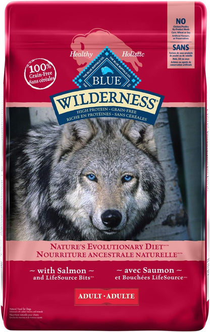 Blue Buffalo Wilderness Salmon Dog Food Bag – 10.8 Kg front view
Grain-free high protein salmon dog food for adult dogs
Back label nutrition facts – Blue Wilderness dry kibble
Ingredients and feeding guide of Blue Buffalo dog food
Complete 10.8 kg Blue Buffalo Wilderness dog food packaging
