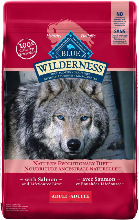 Blue Buffalo Wilderness Salmon Dog Food Bag – 10.8 Kg front view
Grain-free high protein salmon dog food for adult dogs
Back label nutrition facts – Blue Wilderness dry kibble
Ingredients and feeding guide of Blue Buffalo dog food
Complete 10.8 kg Blue Buffalo Wilderness dog food packaging