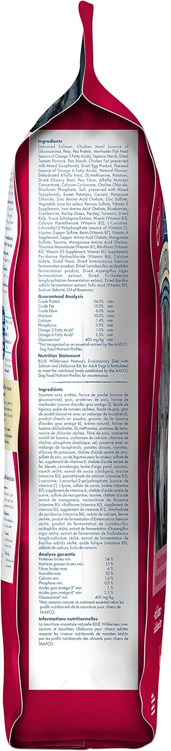 Blue Buffalo Wilderness Salmon Dog Food Bag – 10.8 Kg front view
Grain-free high protein salmon dog food for adult dogs
Back label nutrition facts – Blue Wilderness dry kibble
Ingredients and feeding guide of Blue Buffalo dog food
Complete 10.8 kg Blue Buffalo Wilderness dog food packaging