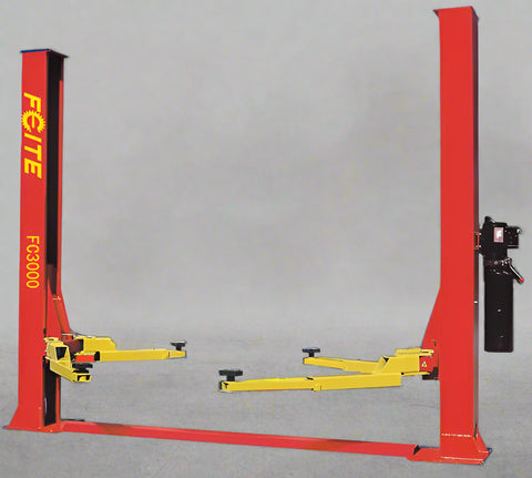 Blue Viper FC3000 car lift with 10,000 lb capacity front view
Red and black 2-post automotive hydraulic lift with 220V motor
Clear-floor symmetrical car lift hoist for garage use
