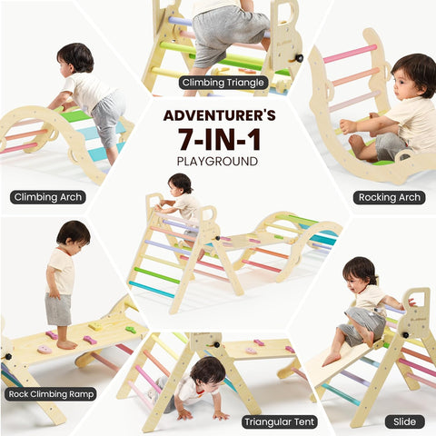 BlueWood Pikler Triangle Set, Toddler Wooden Climbing Toys Indoor 7in1 Climber, Foldable Kids Climbing Toys, Montessori Play Jungle Gym with Arch, Ramp, Ladder (Colorful Spring) - with | Sold by Uncle Wiener's Wholesale
