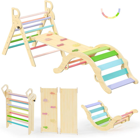 BlueWood Pikler Triangle Set, Toddler Wooden Climbing Toys Indoor 7in1 Climber, Foldable Kids Climbing Toys, Montessori Play Jungle Gym with Arch, Ramp, Ladder (Colorful Spring) - with | Sold by Uncle Wiener's Wholesale
