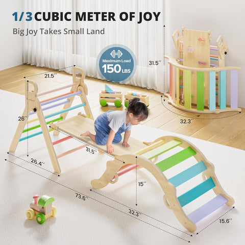 BlueWood Pikler Triangle Set, Toddler Wooden Climbing Toys Indoor 7in1 Climber, Foldable Kids Climbing Toys, Montessori Play Jungle Gym with Arch, Ramp, Ladder (Colorful Spring) - with | Sold by Uncle Wiener's Wholesale