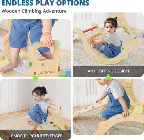 BlueWood Pikler Triangle Set, Toddler Wooden Climbing Toys Indoor 7in1 Climber, Foldable Kids Climbing Toys, Montessori Play Jungle Gym with Arch, Ramp, Ladder (Colorful Spring) - with | Sold by Uncle Wiener's Wholesale