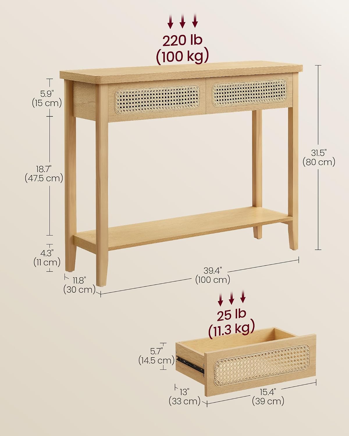 Boho Console Table with Drawers and Storage Shelf, Narrow Entryway Table, Sofa Table for Hallway, Living Room and Bedroom - with Oak Beige | Sold by Uncle Wiener's Wholesale