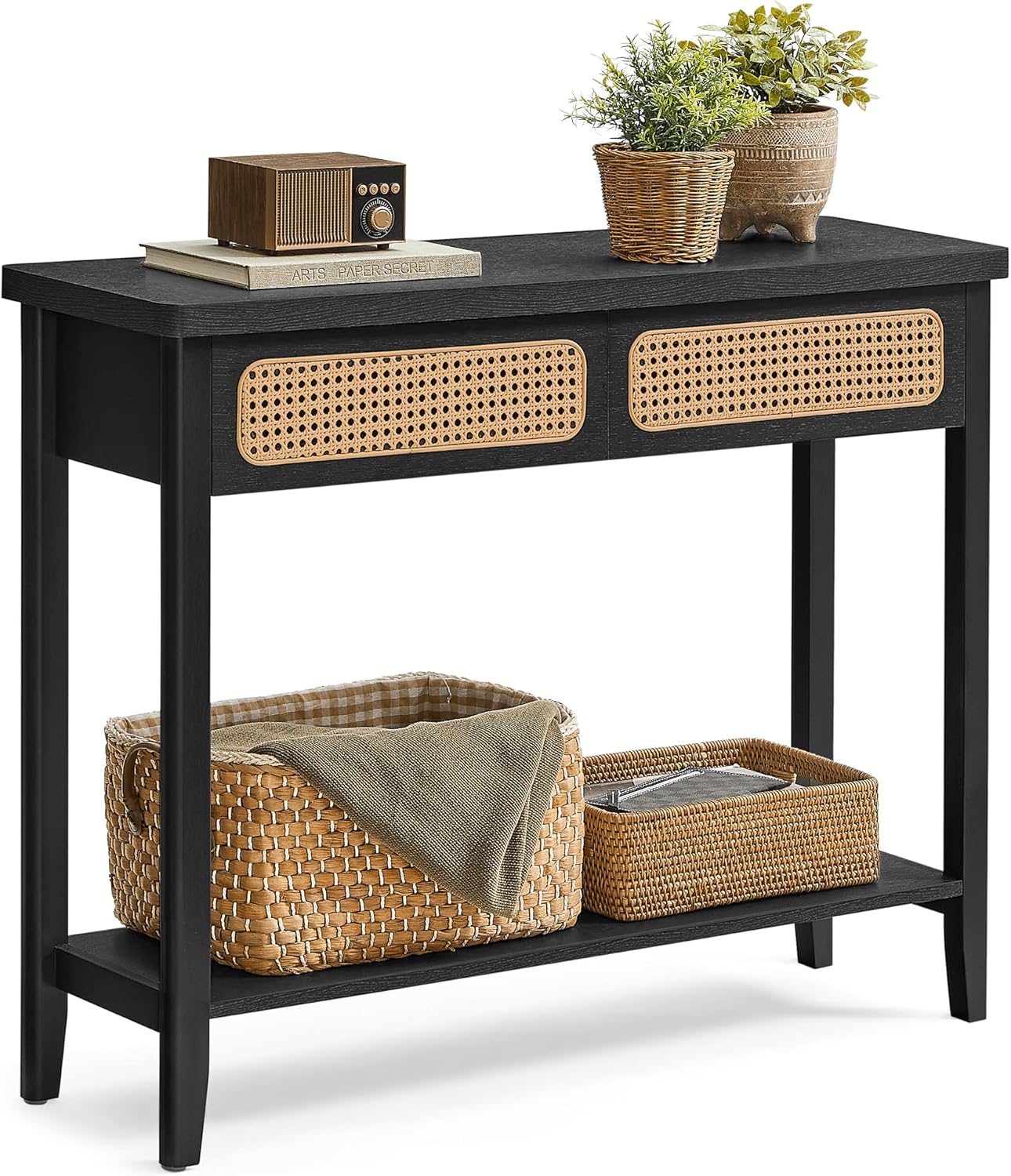Boho Console Table with Drawers and Storage Shelf, Narrow Entryway Table, Sofa Table for Hallway, Living Room and Bedroom - with Ash Black | Sold by Uncle Wiener's Wholesale