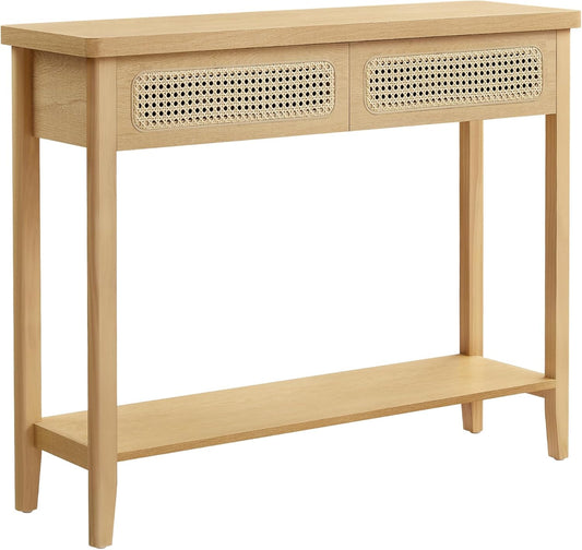 Boho Console Table with Drawers and Storage Shelf, Narrow Entryway Table, Sofa Table for Hallway, Living Room and Bedroom - with Oak Beige | Sold by Uncle Wiener's Wholesale