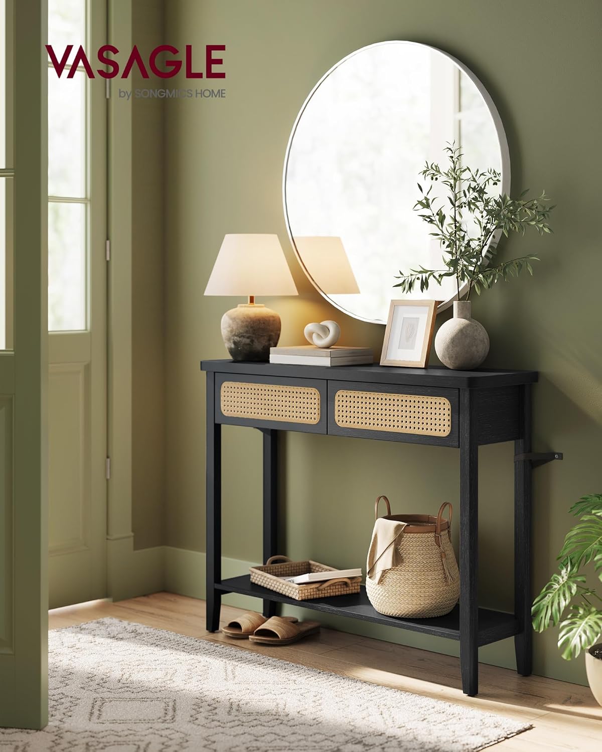 Boho Console Table with Drawers and Storage Shelf, Narrow Entryway Table, Sofa Table for Hallway, Living Room and Bedroom - with Oak Beige | Sold by Uncle Wiener's Wholesale