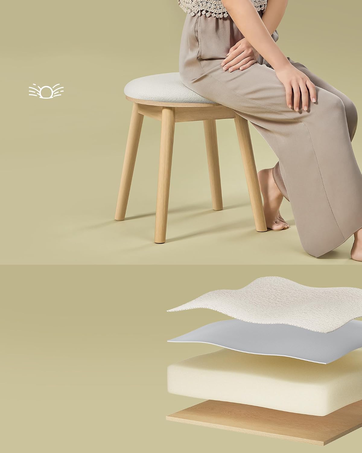 Boho Upholstered Vanity Stool with Bouclé Fabric Seat, Solid Wood Legs, Round Dressing Table Stool, Footstool Cream White and Oak Beige RDS007Y01 - with | Sold by Uncle Wiener's Wholesale