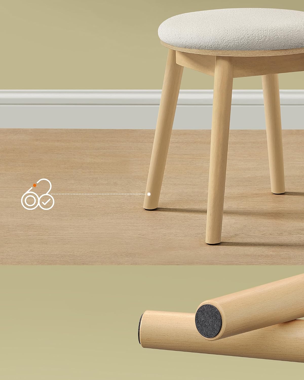 Boho Upholstered Vanity Stool with Bouclé Fabric Seat, Solid Wood Legs, Round Dressing Table Stool, Footstool Cream White and Oak Beige RDS007Y01 - with | Sold by Uncle Wiener's Wholesale