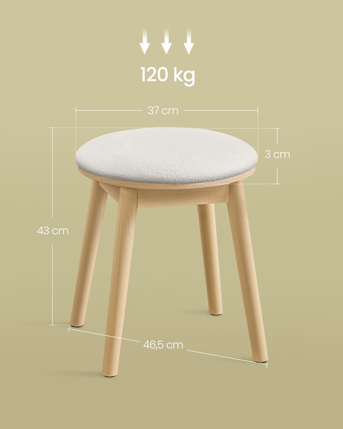 Boho Upholstered Vanity Stool with Bouclé Fabric Seat, Solid Wood Legs, Round Dressing Table Stool, Footstool Cream White and Oak Beige RDS007Y01 - with | Sold by Uncle Wiener's Wholesale