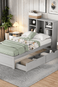 Bookcase Headboard Bed with USB Charging Station & Storage Drawers – Twin, Full, Queen Sizes Modern Bed Frame with Shelving, USB Ports, and Underbed Storage – BED049G Series - with Twin Size | Sold by Uncle Wiener's Wholesale