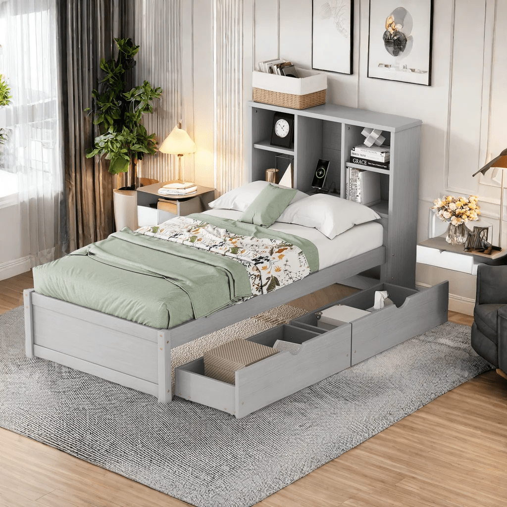 Bookcase Headboard Bed with USB Charging Station & Storage Drawers – Twin, Full, Queen Sizes Modern Bed Frame with Shelving, USB Ports, and Underbed Storage – BED049G Series - with Twin Size | Sold by Uncle Wiener's Wholesale