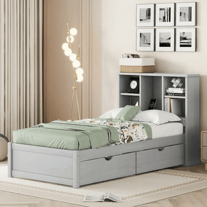 Bookcase Headboard Bed with USB Charging Station & Storage Drawers – Twin, Full, Queen Sizes Modern Bed Frame with Shelving, USB Ports, and Underbed Storage – BED049G Series - with Twin Size | Sold by Uncle Wiener's Wholesale