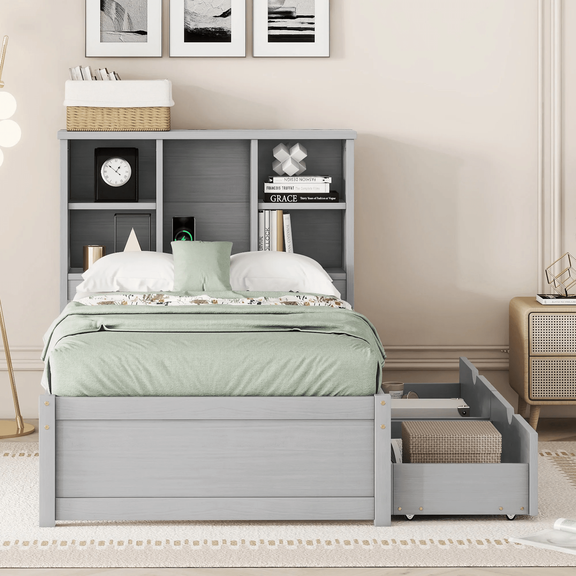 Bookcase Headboard Bed with USB Charging Station & Storage Drawers – Twin, Full, Queen Sizes Modern Bed Frame with Shelving, USB Ports, and Underbed Storage – BED049G Series - with Twin Size | Sold by Uncle Wiener's Wholesale