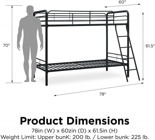 “Twin over twin black metal bunk bed with angled ladder”

“Space-saving kids bunk bed for low ceilings”

“Black metal bunk bed with safety rails and modern design”