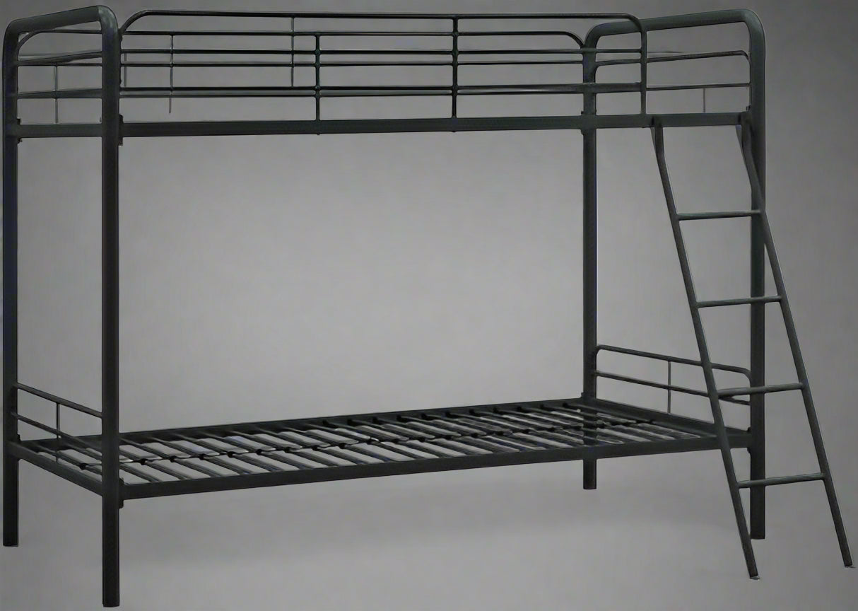 “Twin over twin black metal bunk bed with angled ladder”

“Space-saving kids bunk bed for low ceilings”

“Black metal bunk bed with safety rails and modern design”