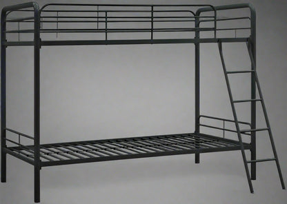 “Twin over twin black metal bunk bed with angled ladder”

“Space-saving kids bunk bed for low ceilings”

“Black metal bunk bed with safety rails and modern design”