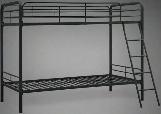 “Twin over twin black metal bunk bed with angled ladder”

“Space-saving kids bunk bed for low ceilings”

“Black metal bunk bed with safety rails and modern design”