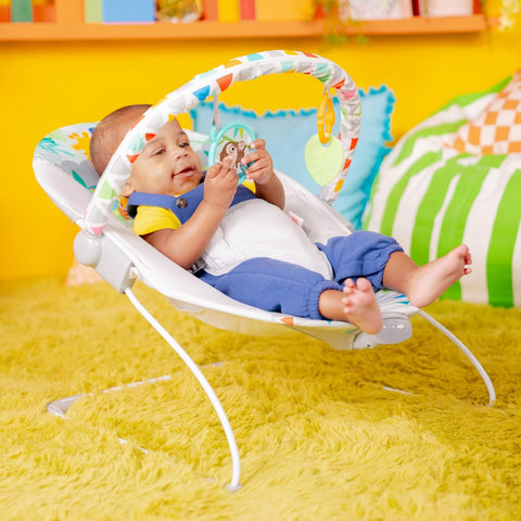 Bright Starts Baby Bouncer Soothing Vibrations Infant Seat - Removable Toy Bar, Nonslip Feet, 0 - 6 Months Up to 20 lbs (Safari Fun) - with | Sold by Uncle Wiener's Wholesale