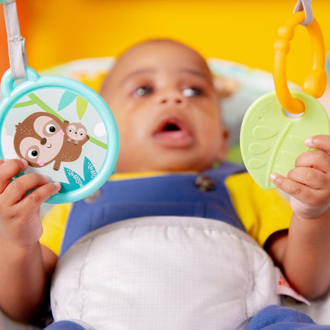 Bright Starts Baby Bouncer Soothing Vibrations Infant Seat - Removable Toy Bar, Nonslip Feet, 0 - 6 Months Up to 20 lbs (Safari Fun) - with | Sold by Uncle Wiener's Wholesale