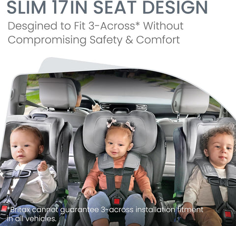 Britax Poplar Convertible Car Seat – Glacier Graphite front view
Poplar car seat rear-to-forward configuration by Britax
Britax car seat ClickTight installation system
Slim convertible car seat 3-across fit Britax